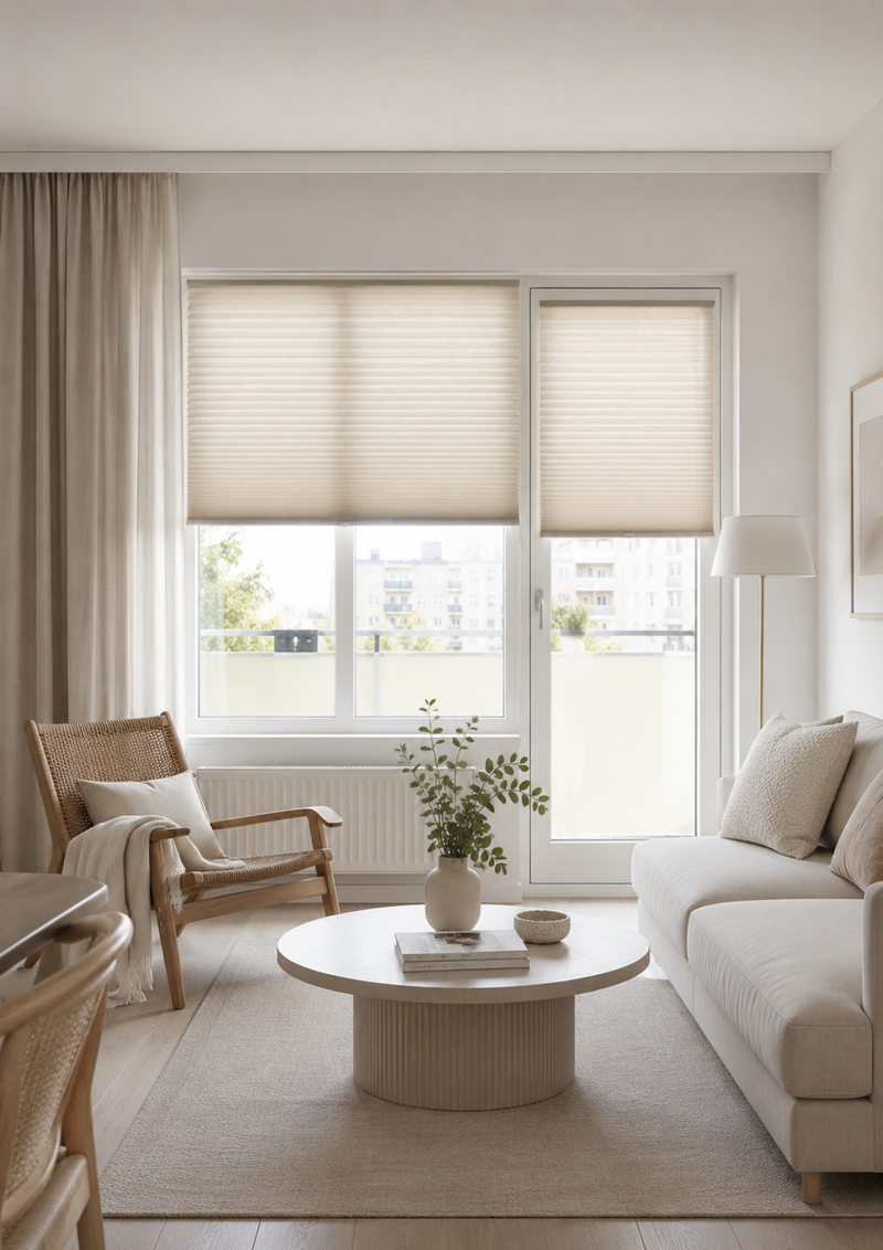 Honeycomb pleated blinds in a living room