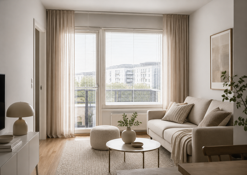 Venetian blinds with warm wood tones