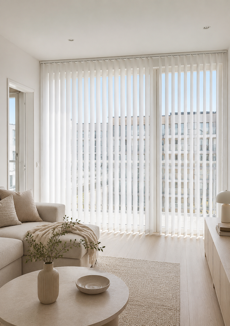 Vertical blinds detail in a bright room